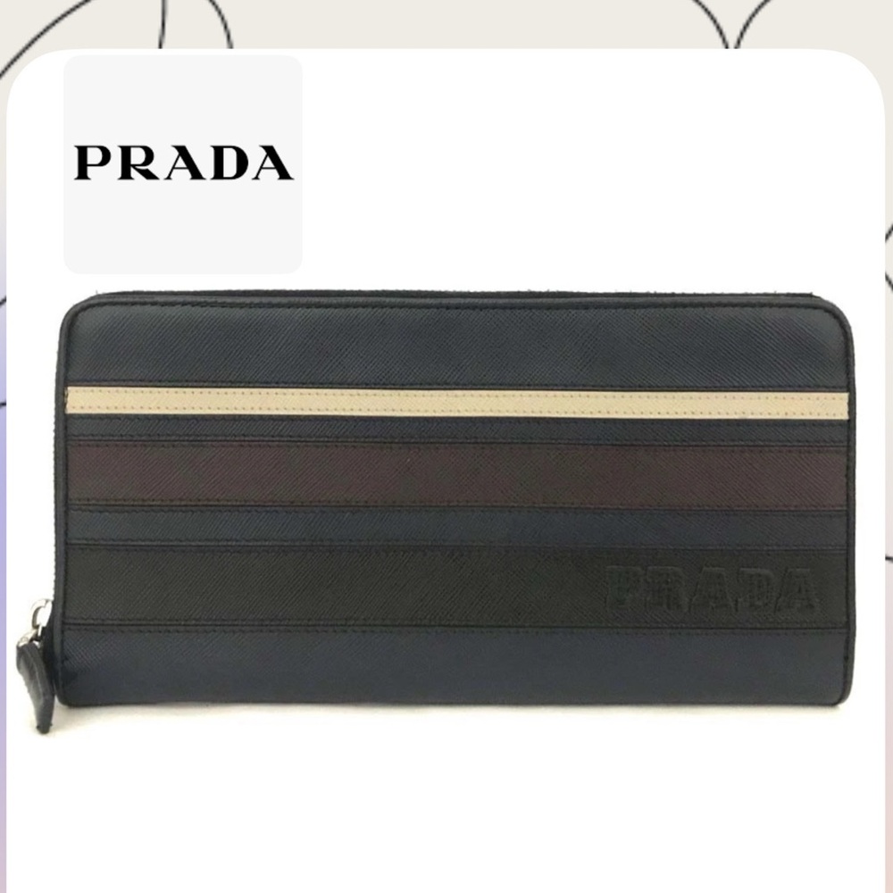 PRADA Stripe Saffiano Leather Zip Around Long Wallet